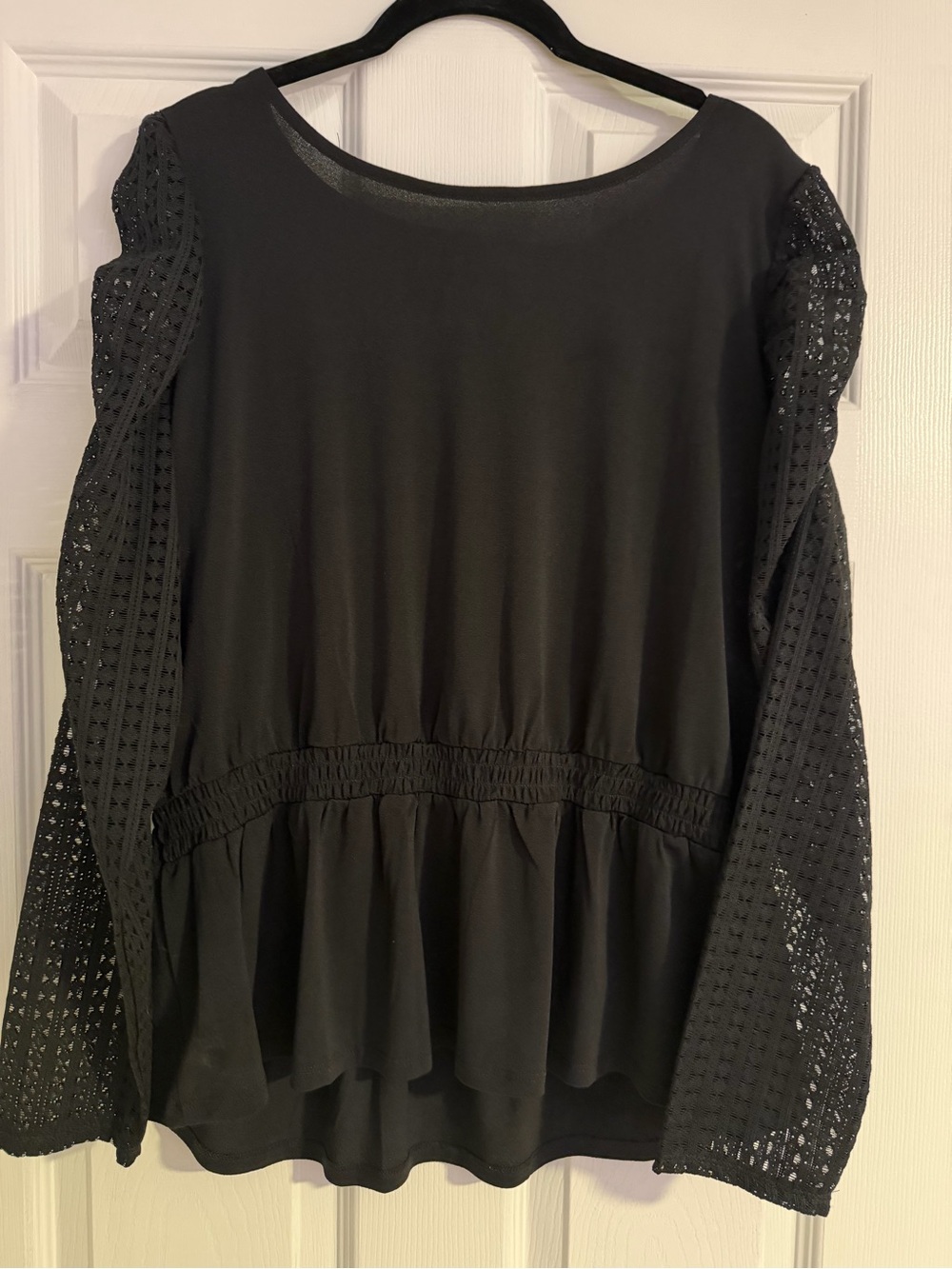 Belldini Black Peplum Blouse with Crochet Sleeves